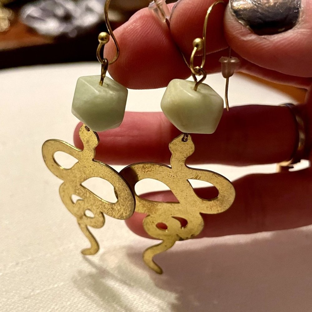 Artisan Brass Snake Dangly Earrings - Picture 4 of 5